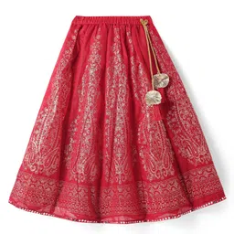 Babyhug Woven Short Sleeves Floral Embroidered & Foil Printed Choli Lehenga with Dupatta- Red image 4