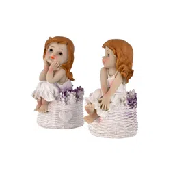 TAYHAA White & Brown 2 Pieces Little Girl With Floral Baskets Figurine Showpiece image 2