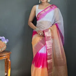 KALINI Tie and Dye Zari Organza Leheriya Saree image 2
