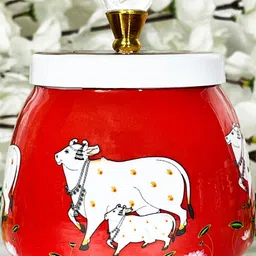 DIWAM HANDICRAFTS Red And White Cow Printed Dry Fruits Jar With Lid-image-0