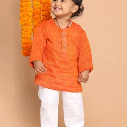 Vastramay Full Sleeves Front Button Closure Solid Kurta & Pajama Set - Orange-picture-12