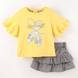 ToffyHouse Half Sleeves Top and Skirt Set Heart & Text Print - Yellow & Grey-image-50