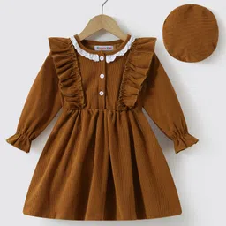 Kookie Kids Knit Full Sleeves Solid Colour CorduroyFrock with Frill Detailing - Brown-picture-26