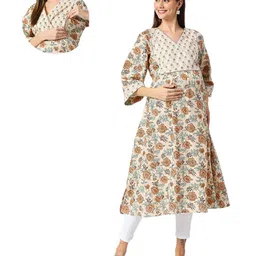 Mom for sure by Ketki Dalal Pure Cotton Woven Three Fourth Sleeves Floral Printed Gota Lace Embellished Maternity Kurta With Side Seam Nursing Access - Beige-picture-15