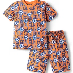 Pine Kids Single Jersey Knit Half Sleeves Co-ords Shorts Night Suit with Sports Theme Print - Orange-picture-26