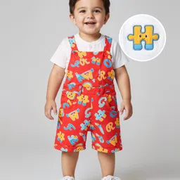 Babyhug Single Jersey Knit Half Sleeves T-Shirt & Dungaree With Alphabet Print - White & Red-picture-38