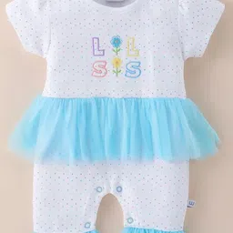 Wonderchild Interlock Half Puffed Sleeves Polka Dots Printed Floral Embroidered Frill Detailed Romper - White & Sky Blue-image-66