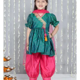KID1 Net Woven Sleeveless Polka Dots Printed & Gota Lace Embellished Kurti Afghani Salwar With Dupatta Set - Green-picture-14