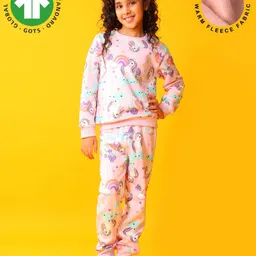 Anthrilo Fleece Knit Full Sleeves Unicorn & Floral Printed Coordinating Winter Sweatshirt With Joggers Set - Pink-picture-25