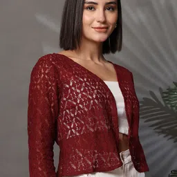 UnaOne Self Design Embroidered V-Neck Pure Cotton Shrug image 3