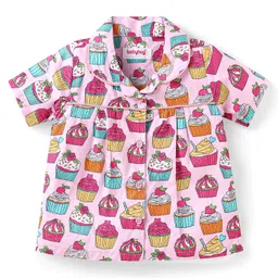 Babyhug Cotton Knit Half Sleeves Front Open Night Suit with Ice Cream Print - Pink image 2