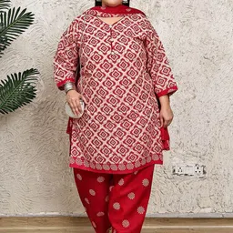 Rajnandini Plus Size Geometric Printed V-Neck Straight Kurtia Wth Salwar And Dupatta image 3