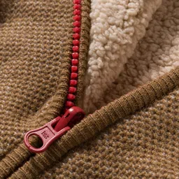 Yellow Apple Knit Full Sleeves Hooded Front Open Sweater with Patch Detailing - Brown image 4