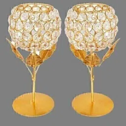 adyahcreations Crystal Flower Double Gold Floral Gold Plated Brass 2 - Cup Tealight Holder Set Iron 2 - Cup Tealight Holder Set Gold Plated Crystal Candle Holder Tea Light Stand Votive- Decorative Tealight Holders for Home Office Living Room Indoor Garden Dining Centerpiece Decoration Brass Candle Holder _pk2 Iron Tealight Holder Set-picture-17