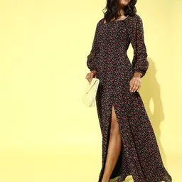 Berrylush Black & Red Floral Crepe Maxi Dress-image-17