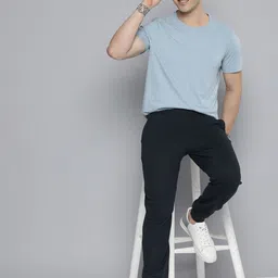 HERE&NOW Men Navy Blue Solid Knitted Joggers-picture-18