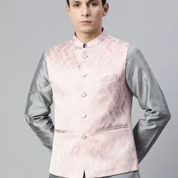MANQ Men Pink & Silver Ethnic Motifs Jaquard Woven Design Nehru Jacket-picture-39