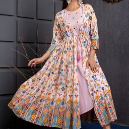 HERE&NOW Women Pink Embroidered Mirror Work Floral Anarkali Kurta-picture-29