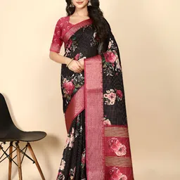 J 6 DESIGNER Women Floral Printed Zari Block Print Saree image 5