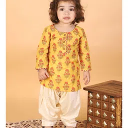Vastramay Full Sleeves Floral Printed Kurta & Patiala Set - Mustard & Cream-picture-21