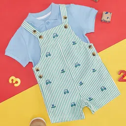 Pantaloons Baby Striped & Cars Printed Dungaree With Half Sleeves Tee - Bright Green-picture-12