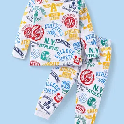 Babyhug Cotton Knit Full Sleeves Night Suit with Text Print - White-picture-30
