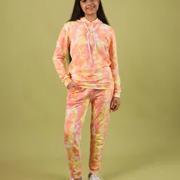 tweeny mini Cotton Full Sleeves Tie Dye Hoodie With Coordinating Track Pant Set - Peach-picture-17