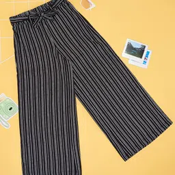 Pantaloons Junior Rayon Striped Wide Legt Pant - Black-image-1