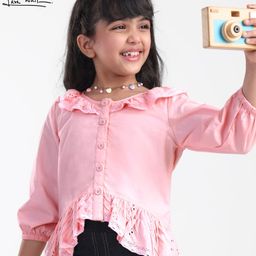 arias by lara dutta Arias Cotton Woven Three FourthSleeves Top With Schiffli Ruffle Detailing - Pink-picture-21