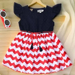 Bella Moda Cotton Cap Sleeves Schiffli Embroidered & Chevron Printed Dress - Blue-image-52