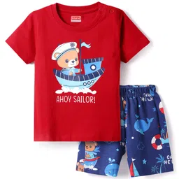 Babyhug Cotton Knit Half Sleeves Shorts Night Suit With Animal Print - Red & Blue-picture-33