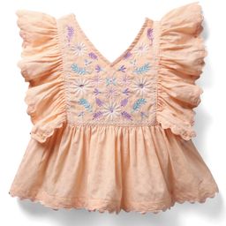 kookie kids india Kookie Kids Cotton Woven Frill Sleeves V Neck Top With Front Floral Embroidery - Light Orange-picture-5