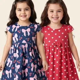 Babyhug Single Jersey Knit Cap Sleeves Frock with Bow & Hearts Print Pack of 2 - Red & Blue-picture-26