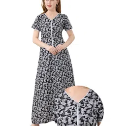 Piu Cotton WovenHalf Sleeves Floral Printed Maternity Nighty With Nursing Access - Black-picture-20
