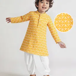 Babyhug Woven Mandarin Collar Full Sleeves Kurta Dhoti Set With Abstract Print - Yellow-picture-10