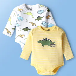 Doodle Poodle 100% Cotton Knit Full Sleeves Dino Printed Onesies Pack of 2 - White & Yellow-picture-26