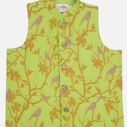 Little Bansi Cotton Woven Sleeveless Floral & Humming Bird Embroidered Nehru Jacket - Parrot Green-picture-22