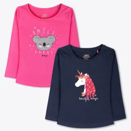 Ariel Cotton Knit Pack Of 2 Full Sleeves Baby Koala Embroidered & Unicorn Printed Tees - Pink & Navy Blue-picture-35