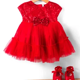Babyhug Mesh Woven Cap Sleeves Party Dress With Sequinned Yoke & Booties - Red-picture-13