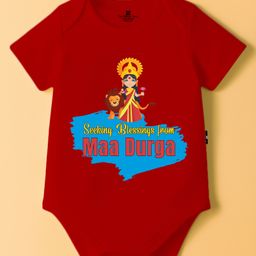 The Peppy Tend 100% Cotton Knit Durga Puja Theme Half Sleeves Seeking Blessings From Maa Durga Text Printed Onesie - Red-picture-30