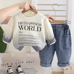 Googo Gaaga Cotton Knit Full Sleeves Typography Printed Light Winter Sweatshirt With Jeans Set - Cream-image-51