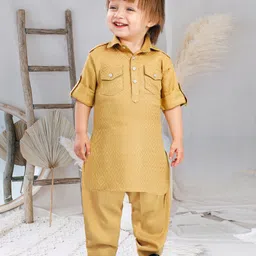 BAD BOYS Cotton Rayon Woven Full Sleeves Geometric Embroidered Pathani Kurta Pyjama Set - Mustard-picture-11