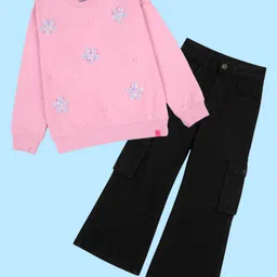 Kiddopanti Fleece Knit Full Sleeves Floral Applique Detailed & Sequins Embellished Light Winter Sweatshirt & Cargo Jeans Set - Peach & Black image 1
