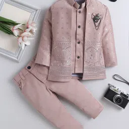 Fourfolds Jacquard Woven Full Sleeves Floral Embroidered Sequins Embellished Sherwani With Pant & Jacket Set - Light Pink-picture-14