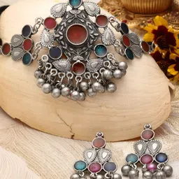 Moedbuille Silver-Plated Artificial Stones Studded Oxidised Necklace And Earrings-picture-10