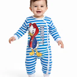 Babyhug Disney Interlock Knit Full Sleeves Striped Rompers With Donald Duck Graphics Pack of 3 - Blue Green & Red image 2
