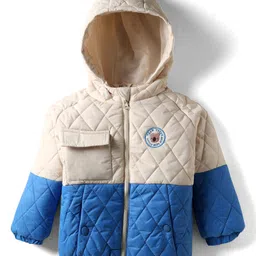 Bonfino Woven Full Raglan Sleeves Quilted Padded Jacket with Hood & Patch Detailing - Blue & Cream image 2