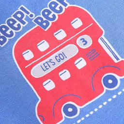 Babyhug 100% Cotton Knit Half Sleeves Striped Romper with Bus Print - Blue image 3