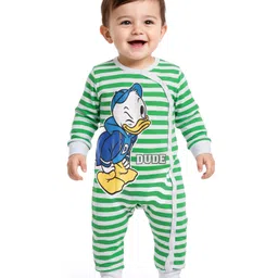 Babyhug Disney Interlock Knit Full Sleeves Striped Rompers With Donald Duck Graphics Pack of 3 - Blue Green & Red image 3