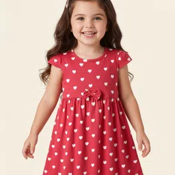 Babyhug Single Jersey Knit Cap Sleeves Frock with Bow & Hearts Print Pack of 2 - Red & Blue image 3